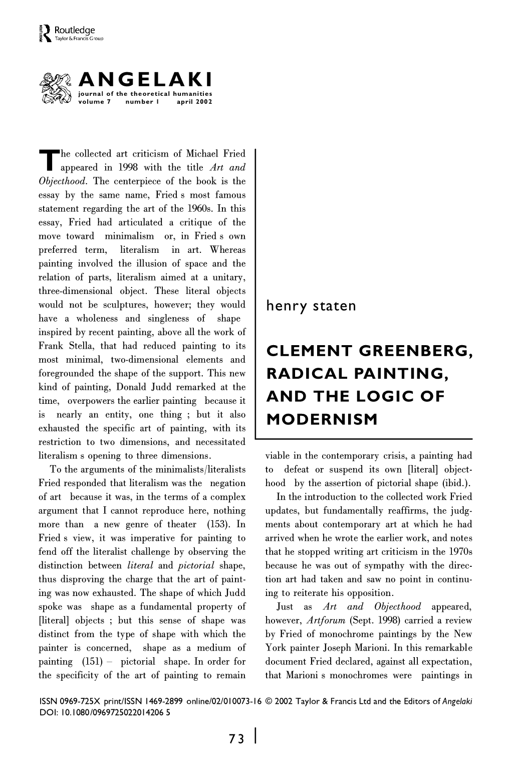 Clement Greenberg, Radical Painting, and the Logic of Modernism