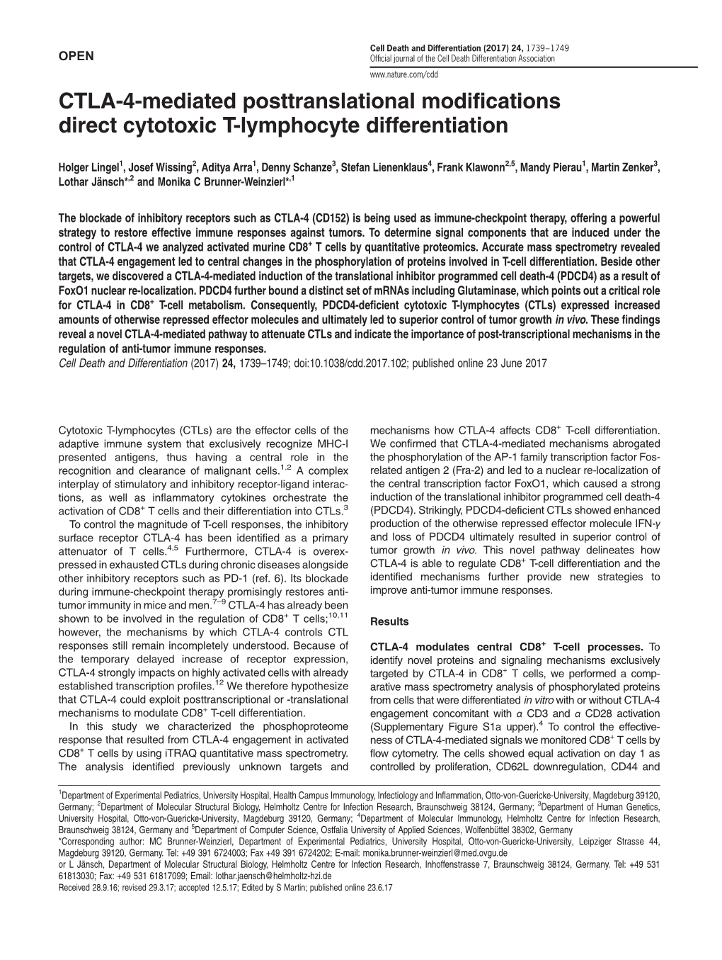 CTLA-4-Mediated Posttranslational Modifications Direct Cytotoxic T-Lymphocyte Differentiation