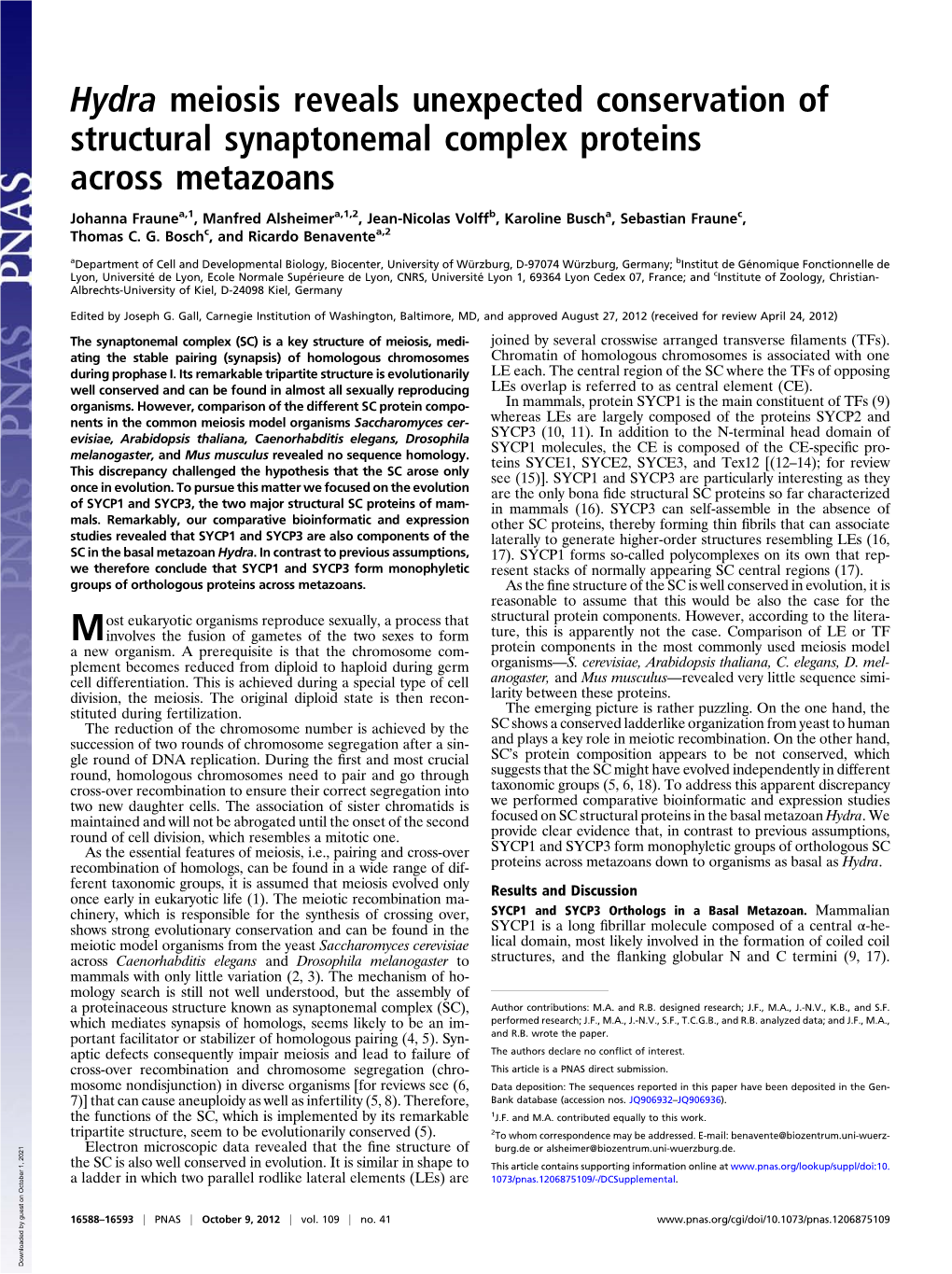 Hydra Meiosis Reveals Unexpected Conservation of Structural Synaptonemal Complex Proteins Across Metazoans