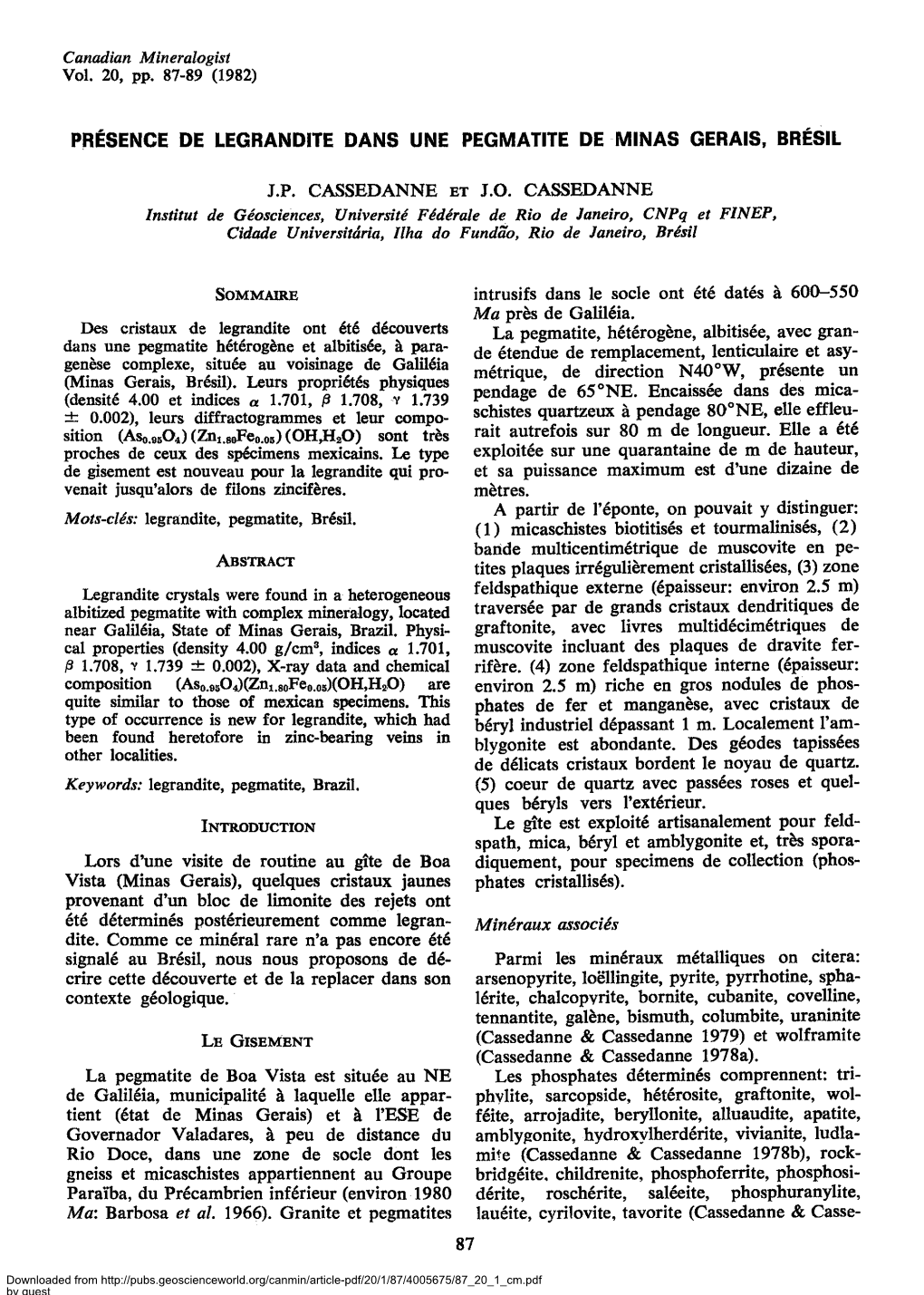 Presenge De Legrandite Dans Une Pegmatite De Minas