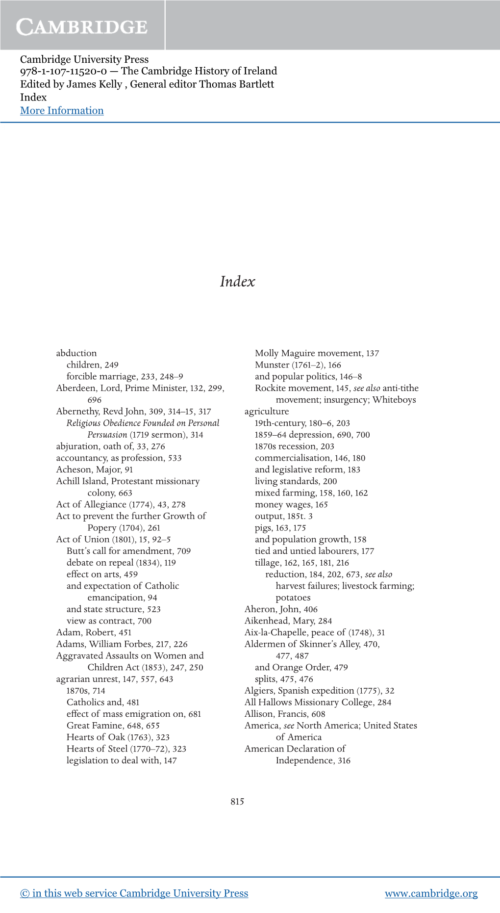 Cambridge University Press 978-1-107-11520-0 — the Cambridge History of Ireland Edited by James Kelly , General Editor Thomas Bartlett Index More Information 815