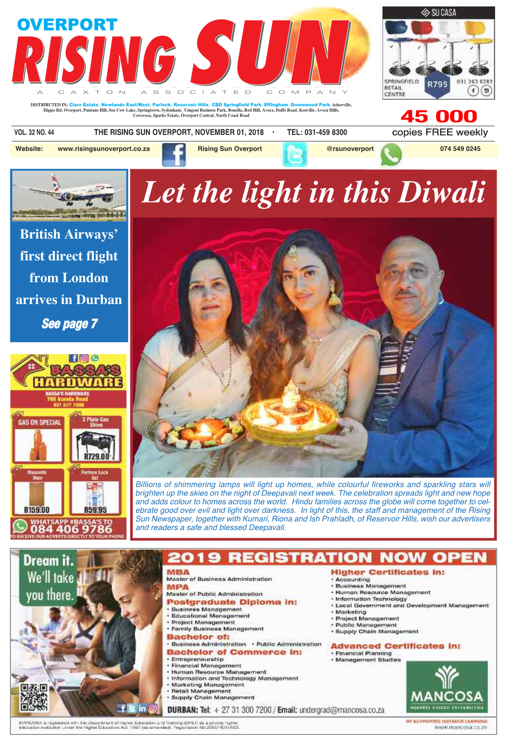 Let the Light in This Diwali British Airways’ First Direct Flight from London Arrives in Durban See Page 7