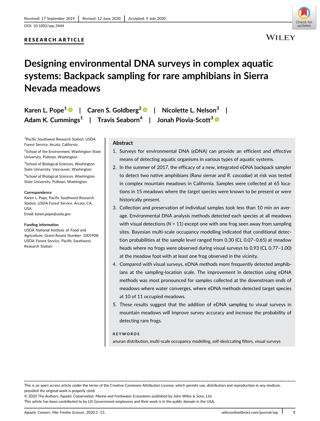 Designing Environmental DNA Surveys in Complex Aquatic Systems: Backpack Sampling for Rare Amphibians in Sierra Nevada Meadows