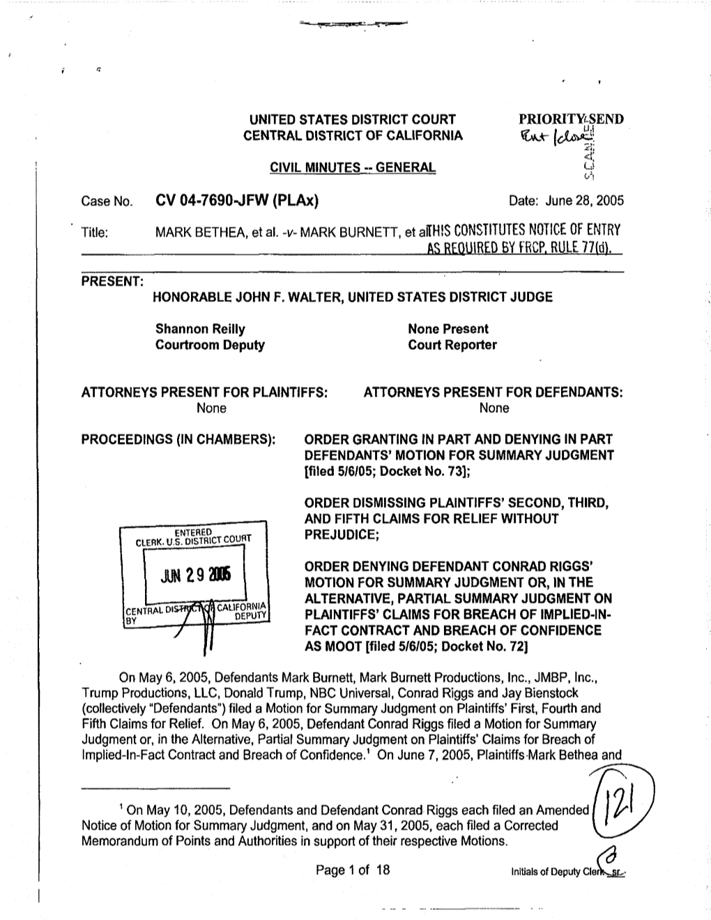 JUN292B5 MOTION for SUMMARY JUDGMENT OR, in the ALTERNATIVE, PARTIAL SUMMARY JUDGMENT on Centww*Yfl^Cauj^ by PLAINTIFFS' CLAIMS for BREACH of IMPLIED-IN- \ Y—