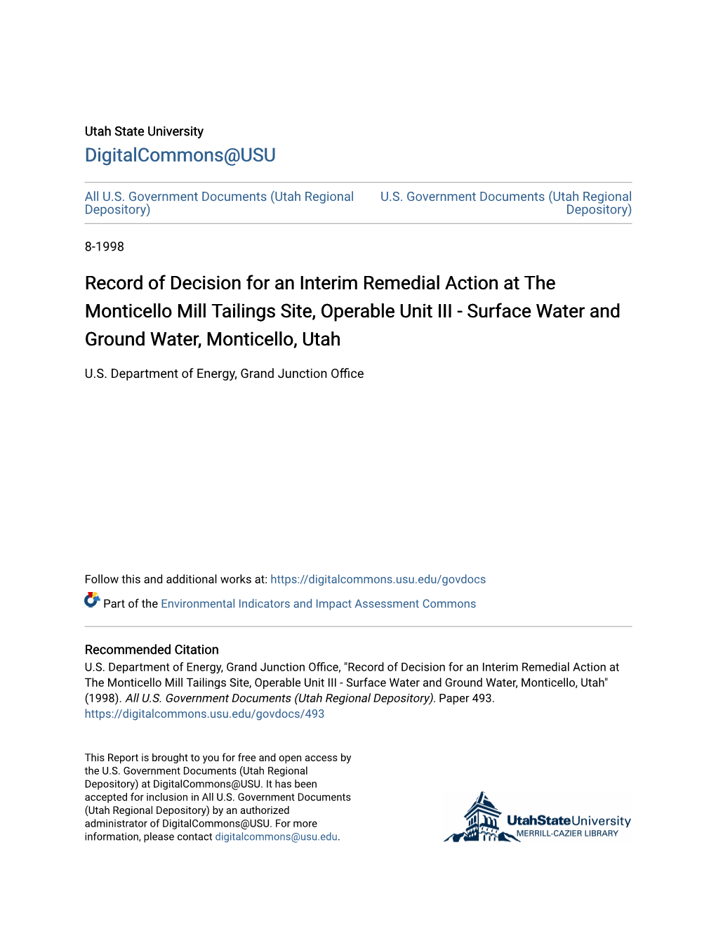 Record of Decision for an Interim Remedial Action at the Monticello Mill Tailings Site, Operable Unit III - Surface Water and Ground Water, Monticello, Utah