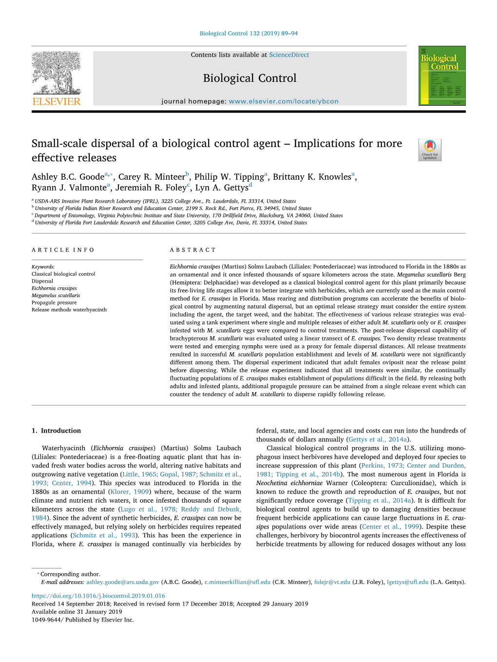 Small-Scale Dispersal of a Biological Control Agent – Implications for More Eﬀective Releases T ⁎ Ashley B.C