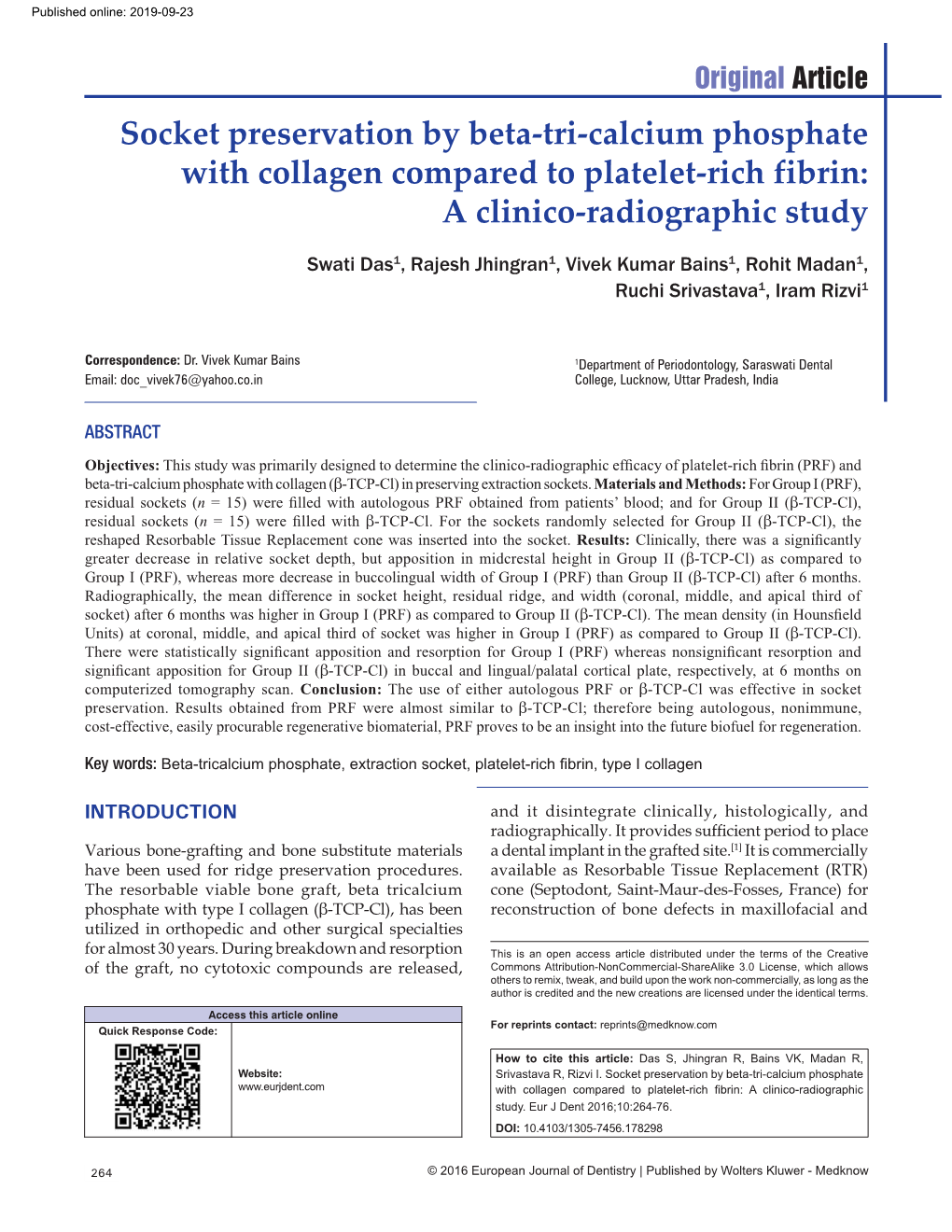 Socket Preservation by Beta‑Tri‑Calcium Phosphate with Collagen Compared to Platelet‑Rich Fibrin: a Clinico‑Radiographic Study