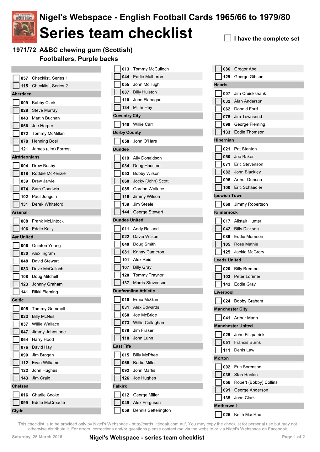 Series Team Checklist I Have the Complete Set 1971/72 A&BC Chewing Gum (Scottish) Footballers, Purple Backs