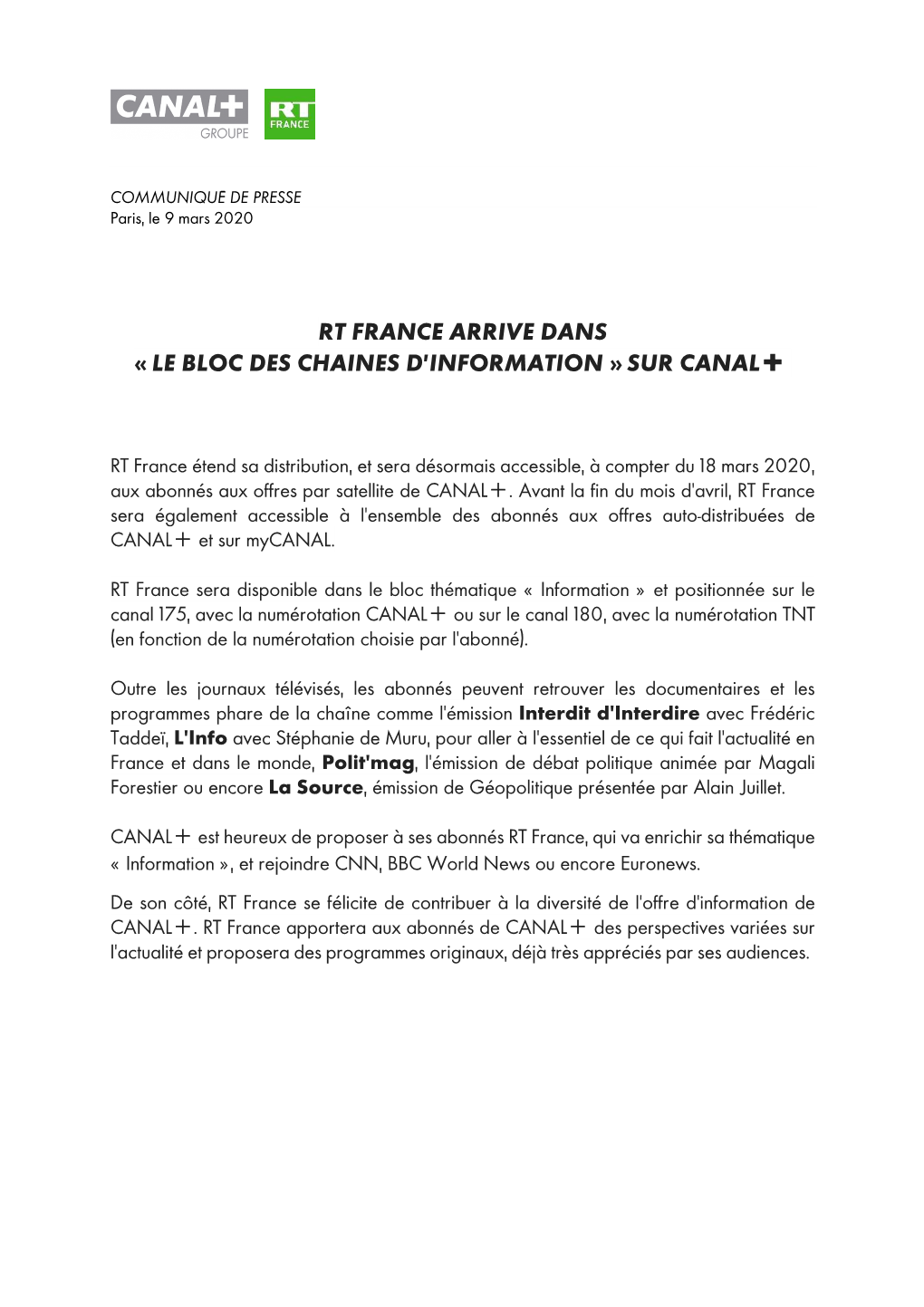 20200309 Commuiqué Groupe CANAL+ RT France