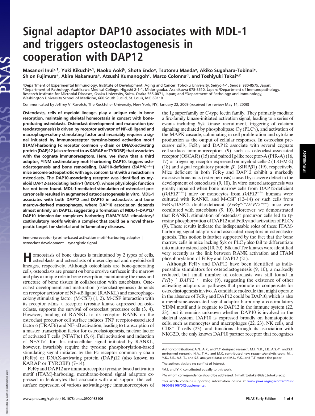 Signal Adaptor DAP10 Associates with MDL-1 and Triggers Osteoclastogenesis in Cooperation with DAP12