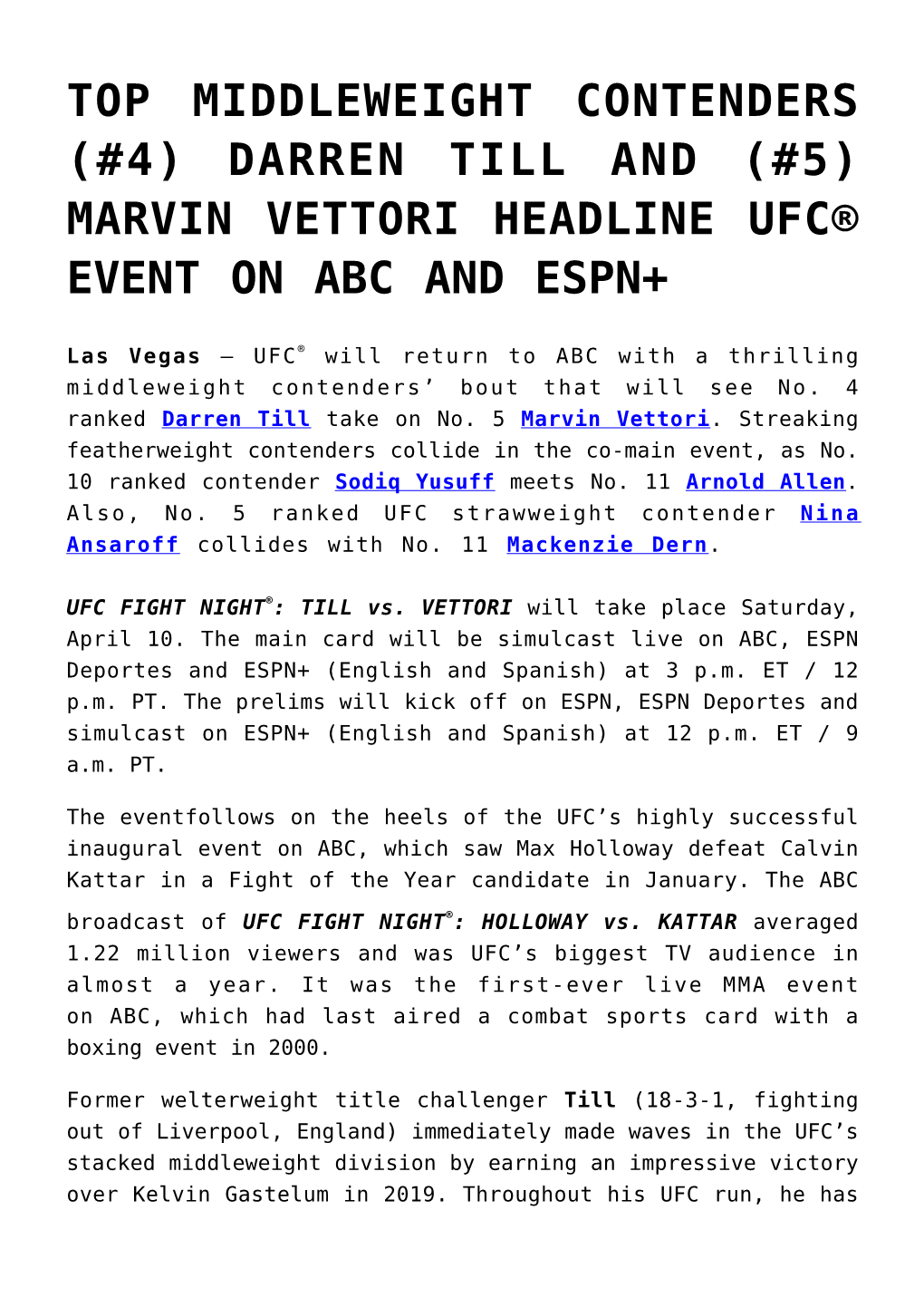 Top Middleweight Contenders (#4) Darren Till and (#5) Marvin Vettori Headline Ufc® Event on Abc and Espn+