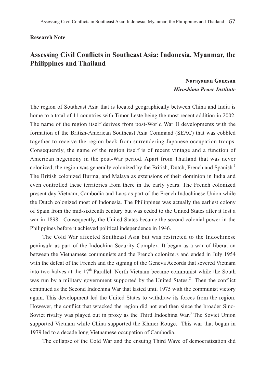 Assessing Civil Conflicts in Southeast Asia: Indonesia, Myanmar, the Philippines and Thailand 57