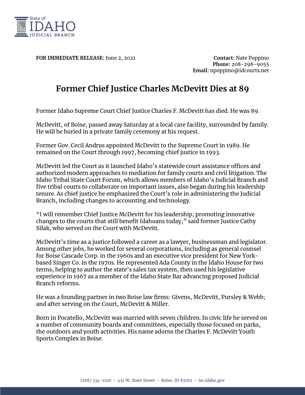 Former Chief Justice Charles Mcdevitt Dies at 89