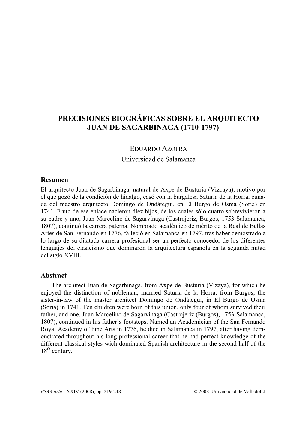 Precisiones Biográficas Sobre El Arquitecto Juan De Sagarbinaga (1710-1797)