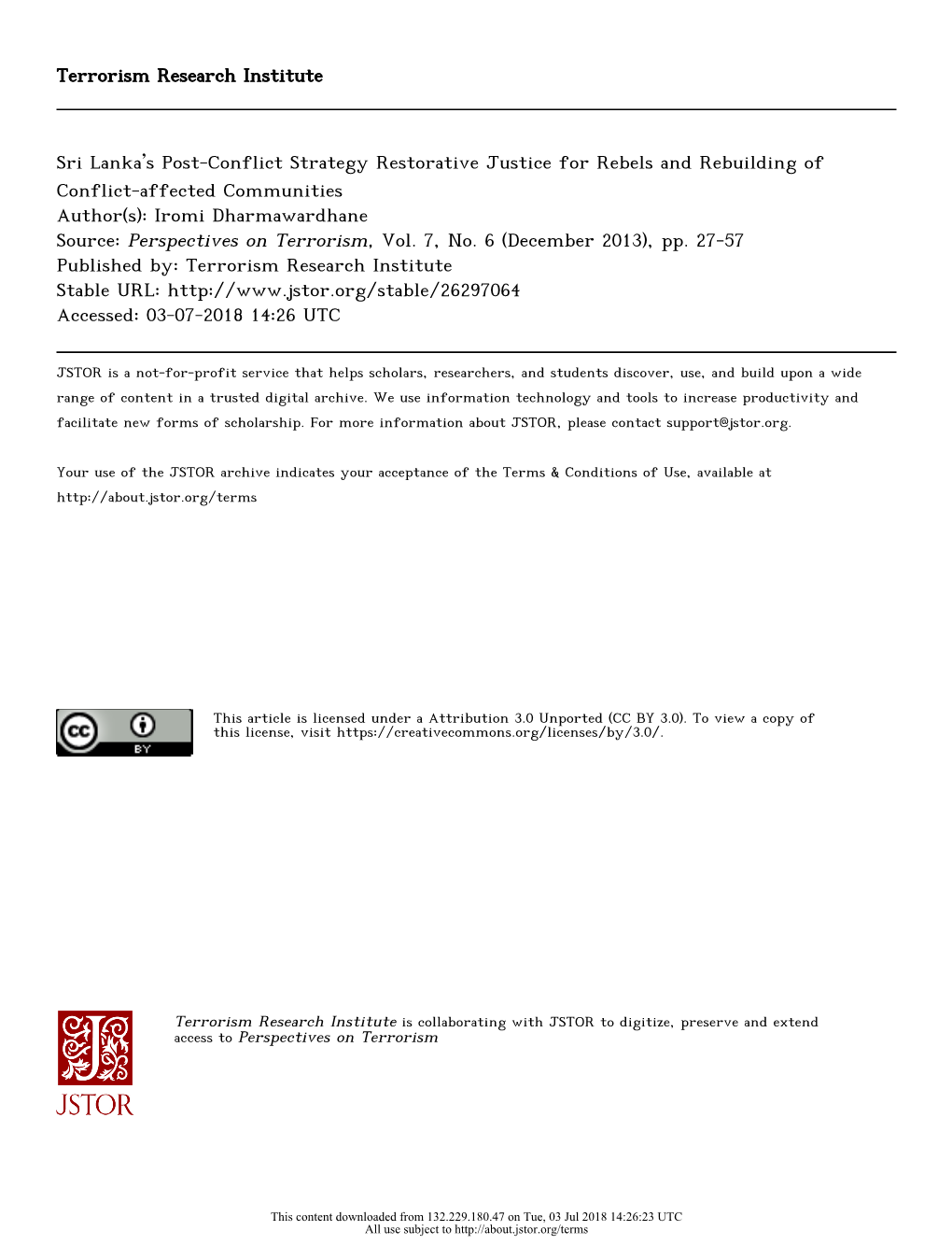 Terrorism Research Institute Sri Lanka's Post-Conflict Strategy Restorative Justice for Rebels and Rebuilding of Conflict-Affe