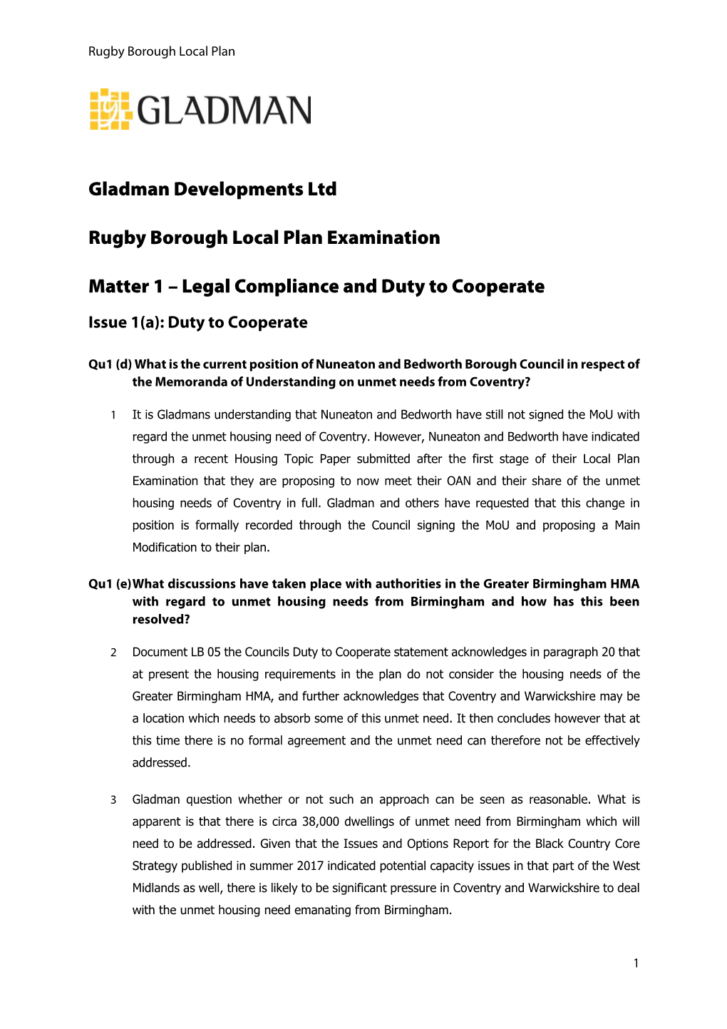 Gladman Developments Ltd Rugby Borough Local Plan Examination Matter 1