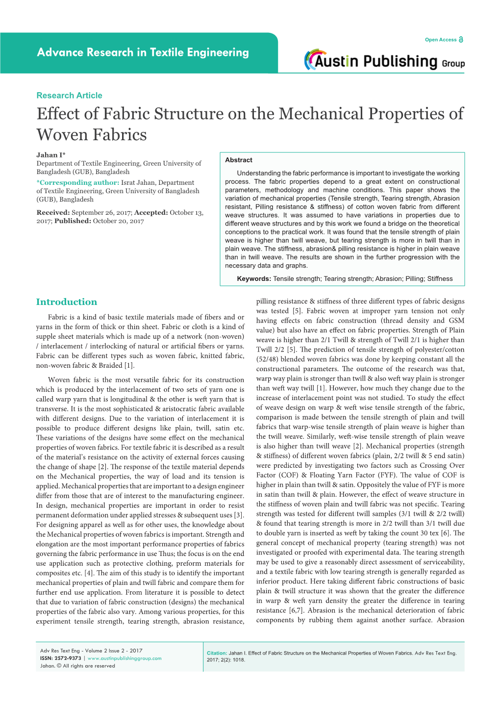 Effect of Fabric Structure on the Mechanical Properties of Woven Fabrics
