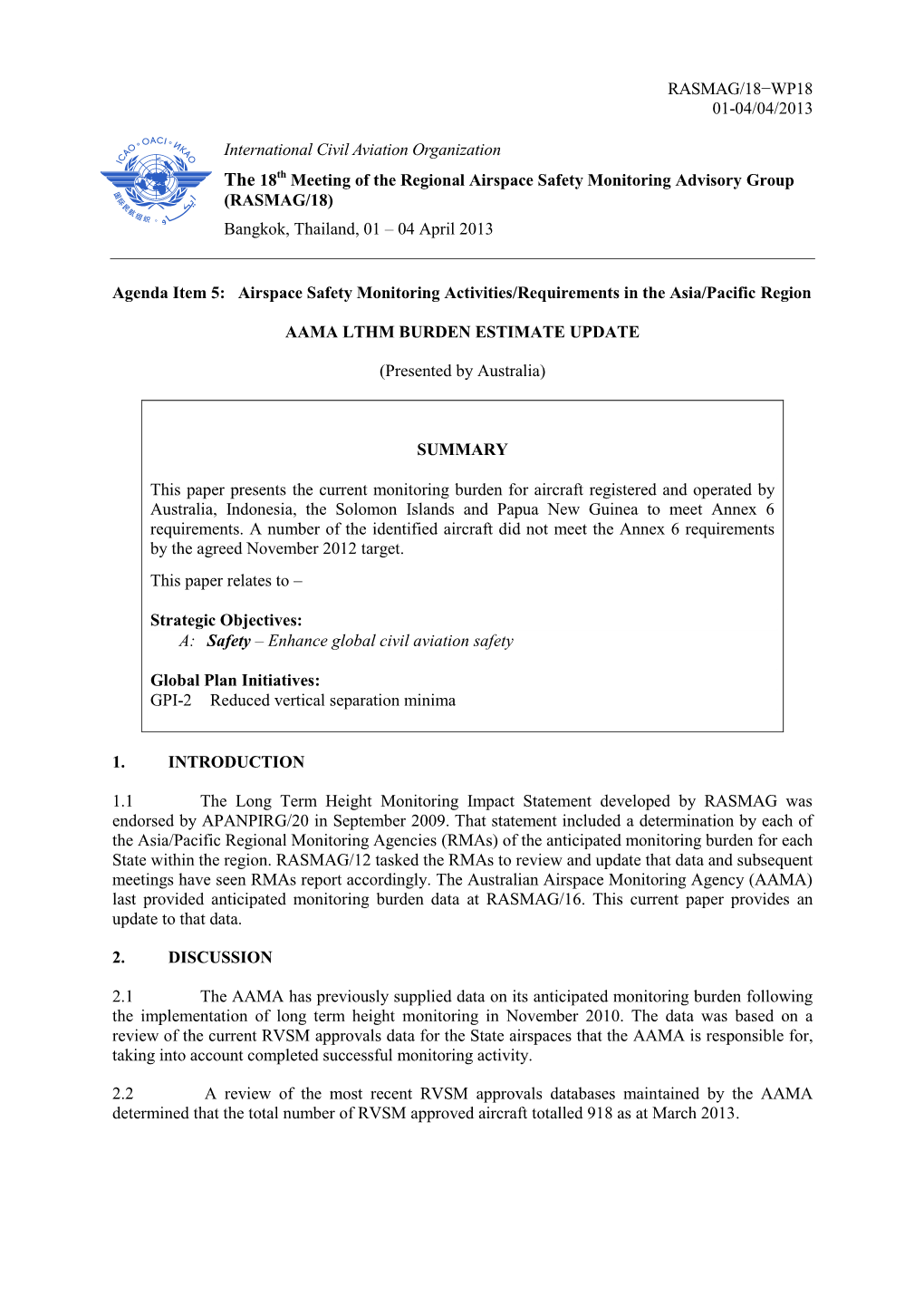 RASMAG/18−WP18 01-04/04/2013 International Civil Aviation Organization the 18Th Meeting of the Regional Airspace Safety Monito