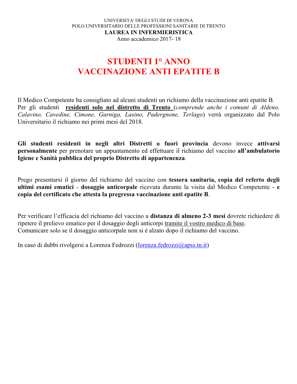 Studenti 1° Anno Vaccinazione Anti Epatite B