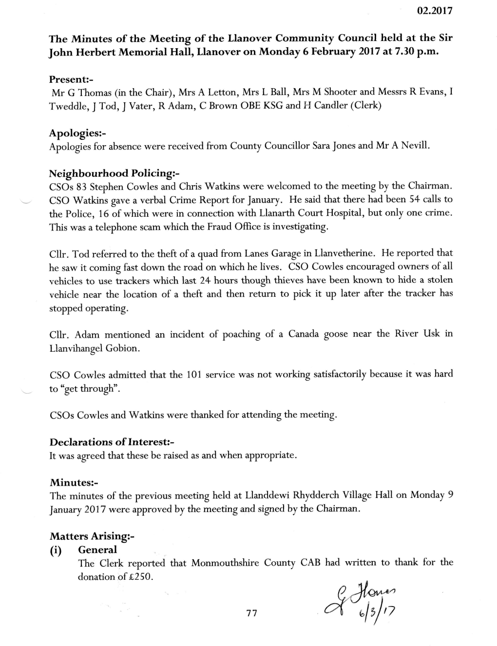 Minutes of the Meeting of the Llanover Community Council Held at the Sir John Herbert Memorial Hall, Llanover on Monday 6 Febru Ary 2Ol7 at 7 .30 P.M