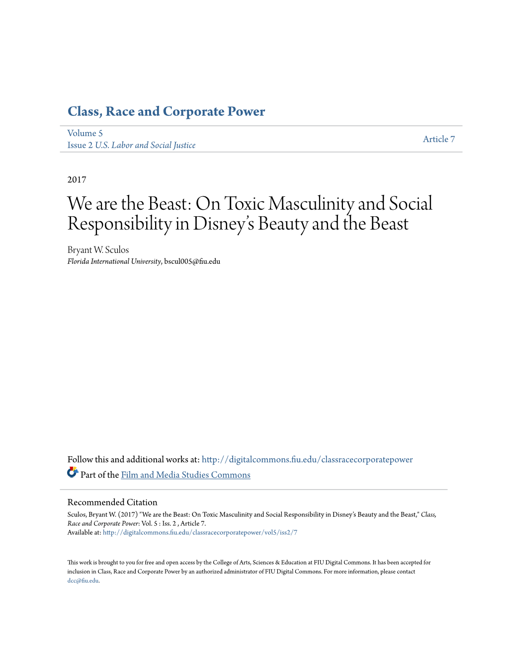 On Toxic Masculinity and Social Responsibility in Disney's Beauty and the Beast