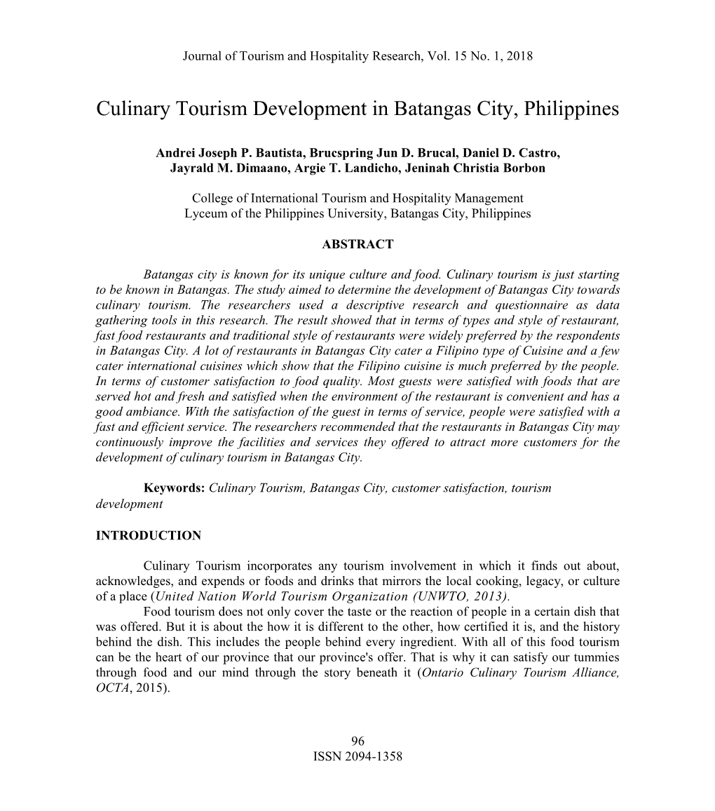 Culinary Tourism Development in Batangas City, Philippines