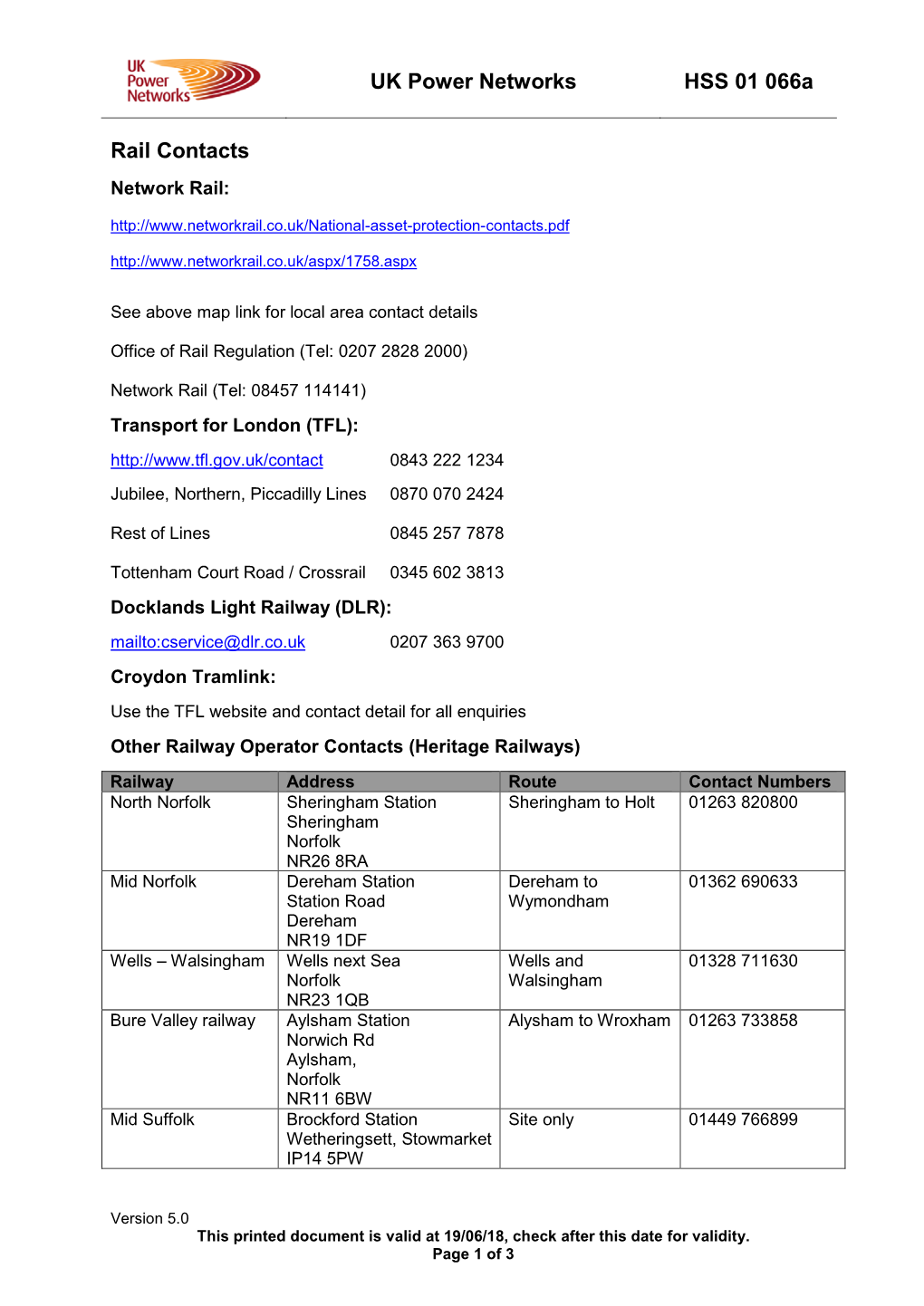 HSS 01 066A Network Rail Contacts