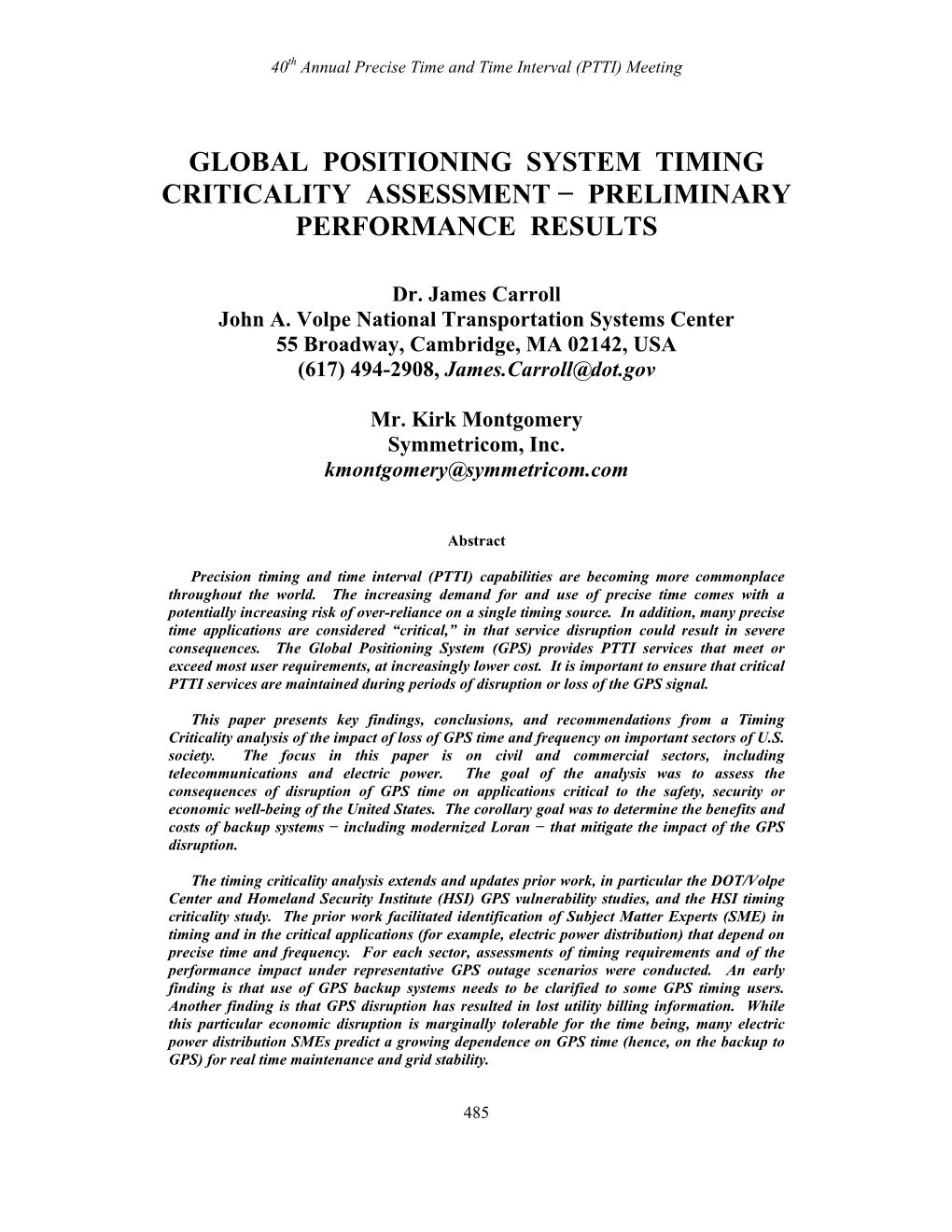 Global Positioning System Timing Criticality Assessment − Preliminary Performance Results