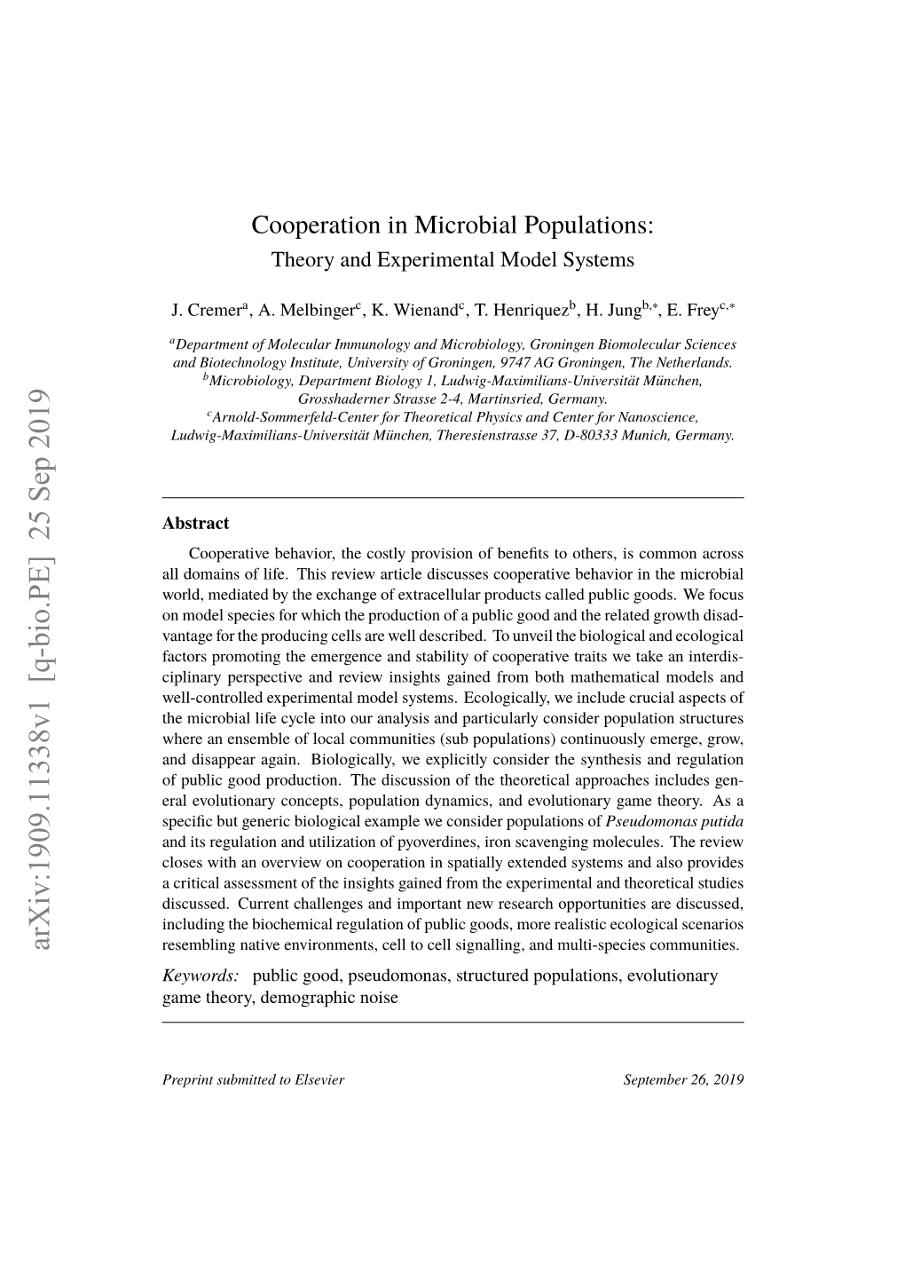 Cooperation in Microbial Populations: Theory and Experimental Model Systems