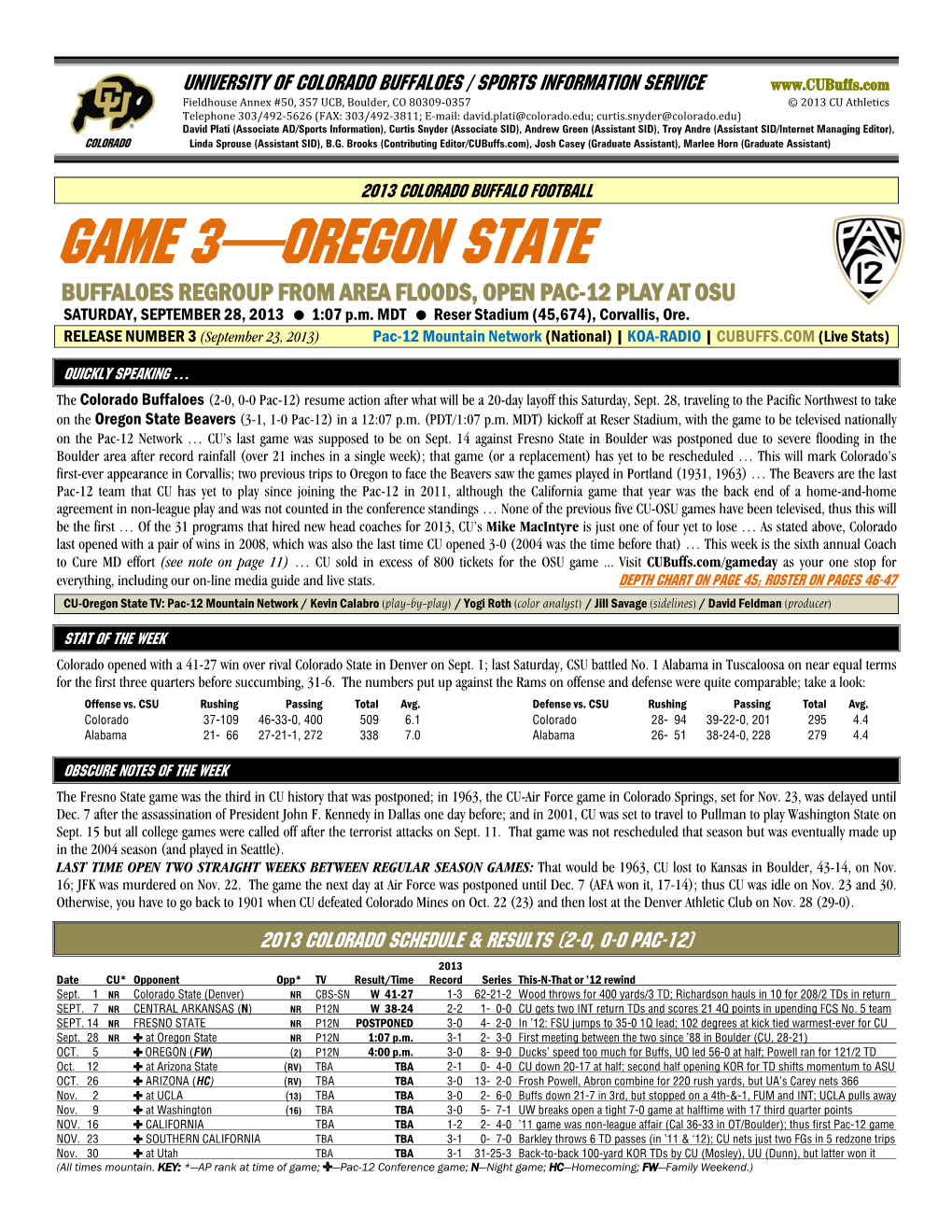 GAME 3—OREGON STATE BUFFALOES REGROUP from AREA FLOODS, OPEN PAC-12 PLAY at OSU SATURDAY, SEPTEMBER 28, 2013 1:07 P.M