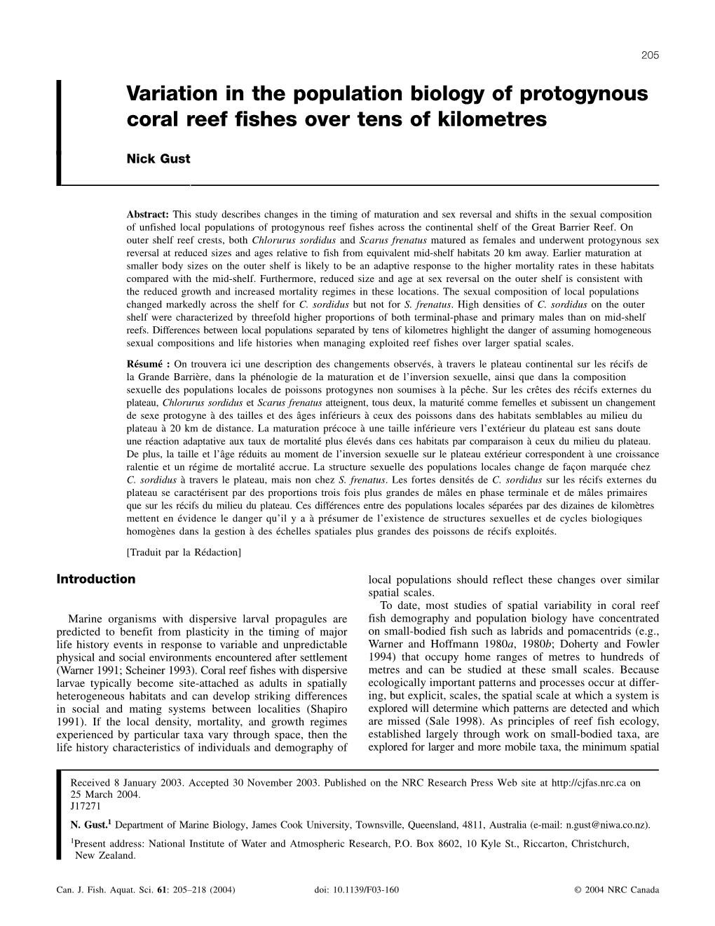 Variation in the Population Biology of Protogynous Coral Reef Fishes Over Tens of Kilometres