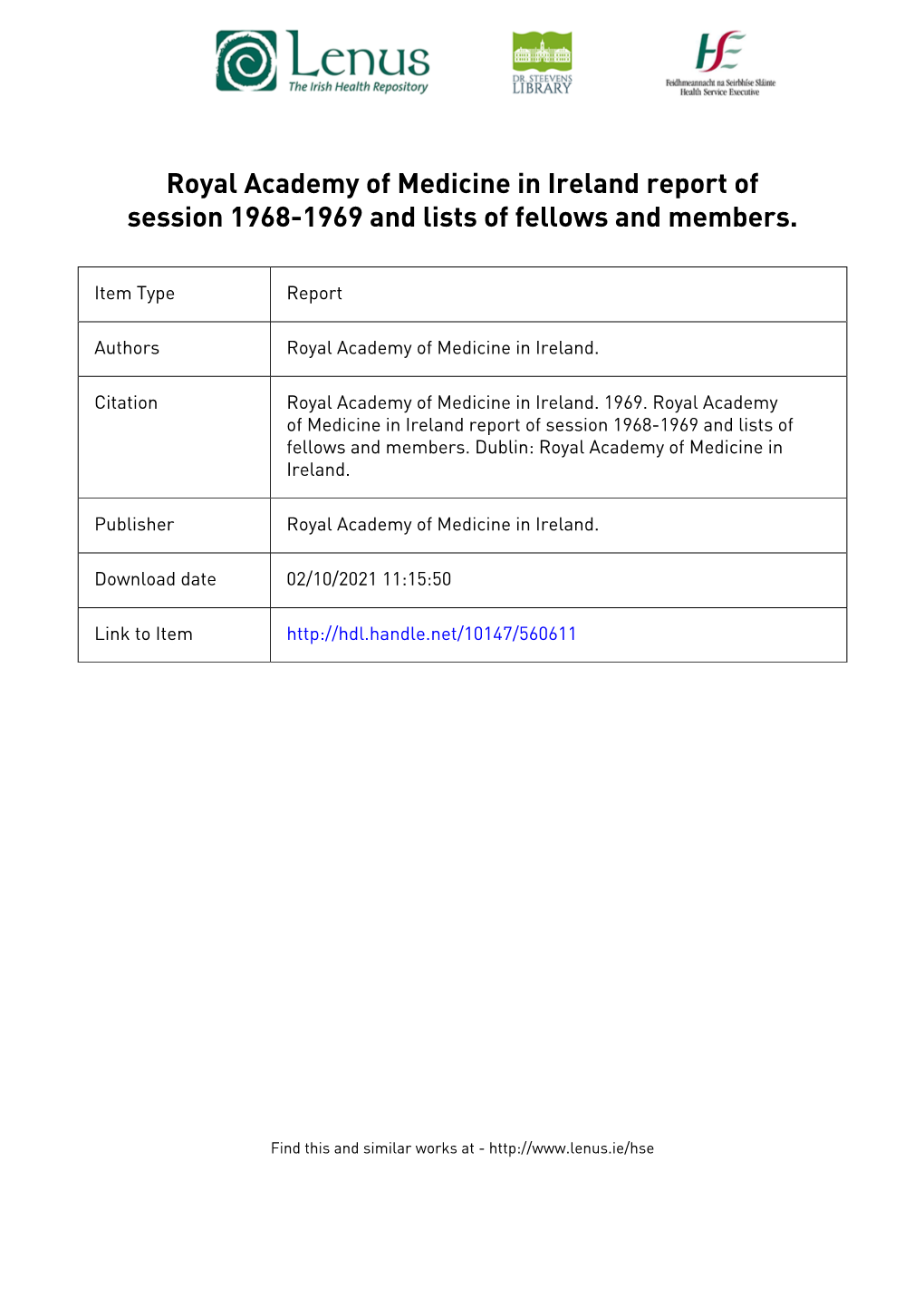 Report of Session 1968-1969 and Lists of Fellows and Members