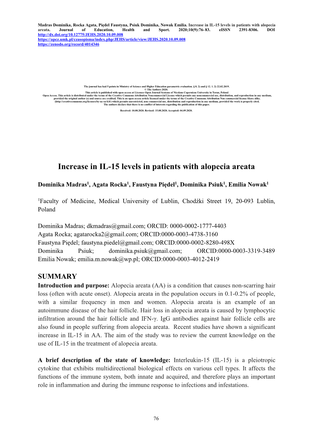 Increase in IL-15 Levels in Patients with Alopecia Areata