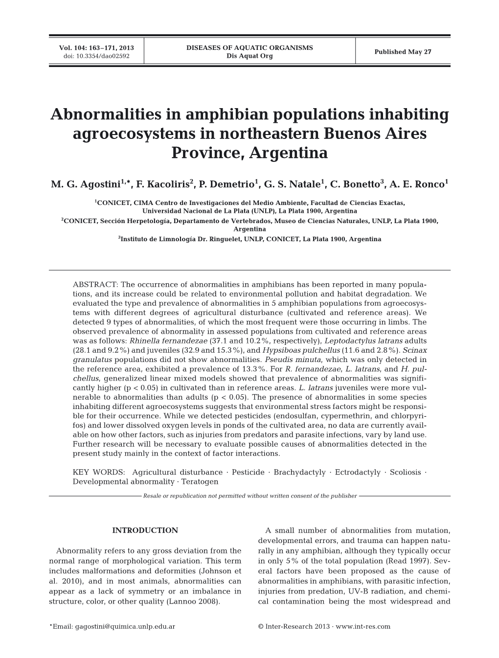 Abnormalities in Amphibian Populations Inhabiting Agroecosystems in Northeastern Buenos Aires Province, Argentina