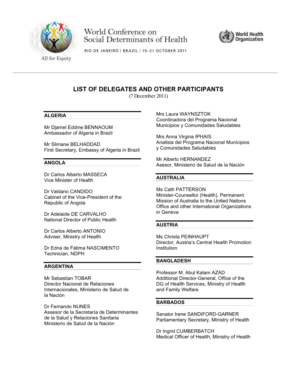 LIST of DELEGATES and OTHER PARTICIPANTS (7 December 2011)