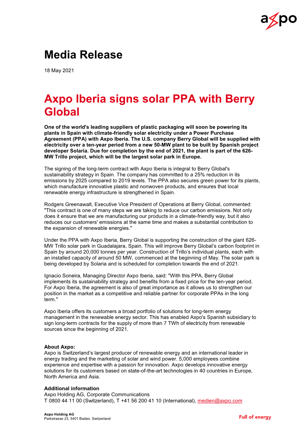 Media Release Axpo Iberia Signs Solar PPA with Berry Global