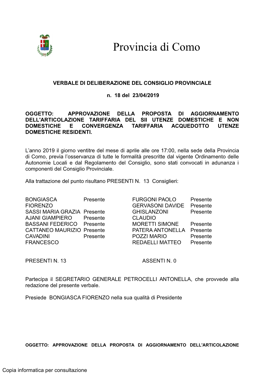 Delibera N. 18 Del 23 Aprile 2019 Del Consiglio Provinciale