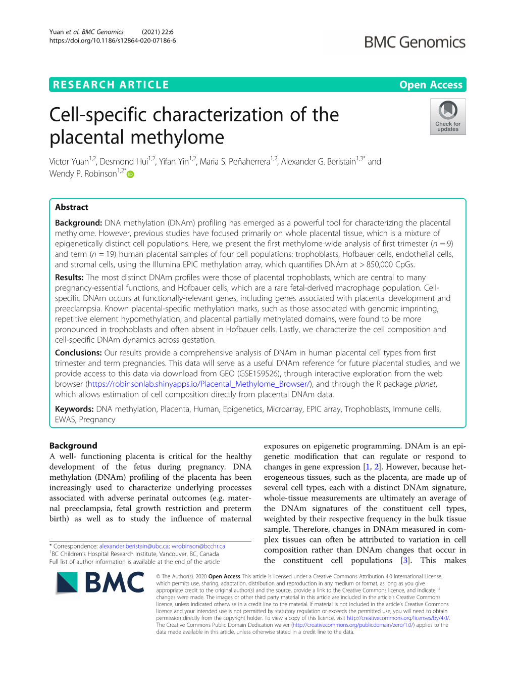 Cell-Specific Characterization of the Placental Methylome Victor Yuan1,2,Desmondhui1,2,Yifanyin1,2,Marias.Peñaherrera1,2, Alexander G