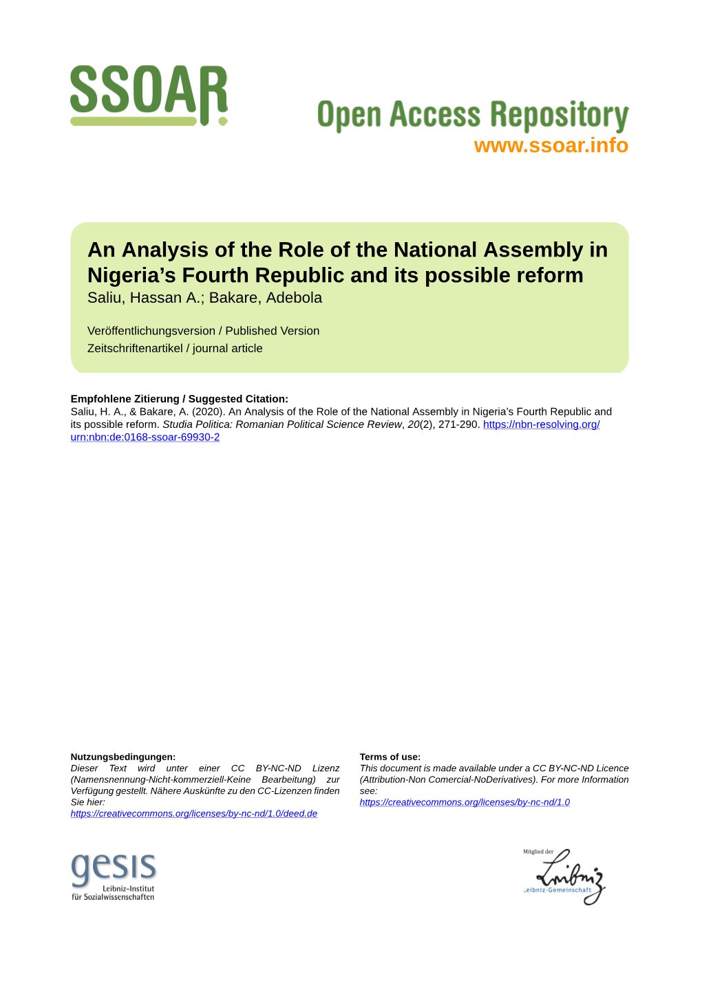 An Analysis of the Role of the National Assembly in Nigeria’S Fourth Republic and Its Possible Reform Saliu, Hassan A.; Bakare, Adebola