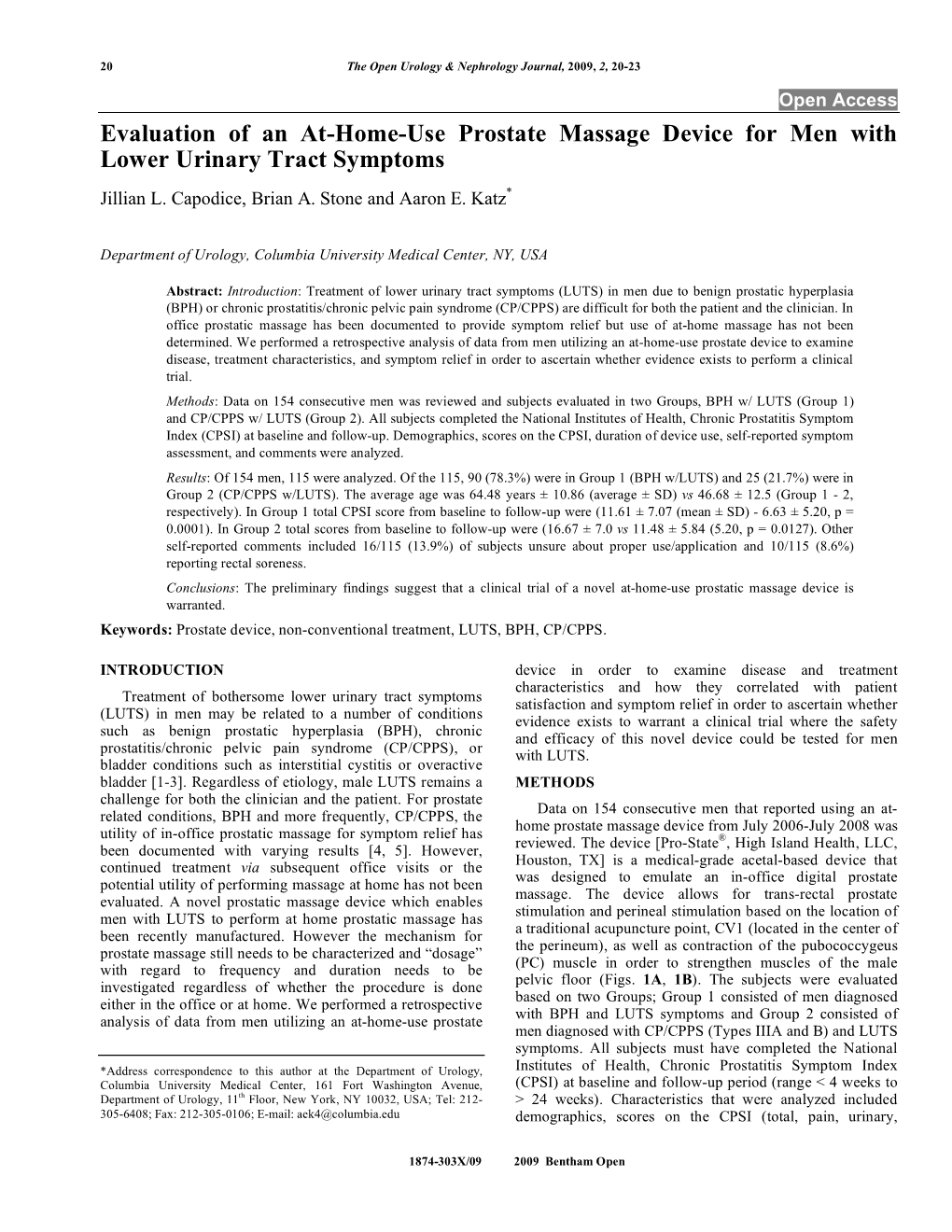 Evaluation of an At-Home-Use Prostate Massage Device for Men with Lower Urinary Tract Symptoms Jillian L