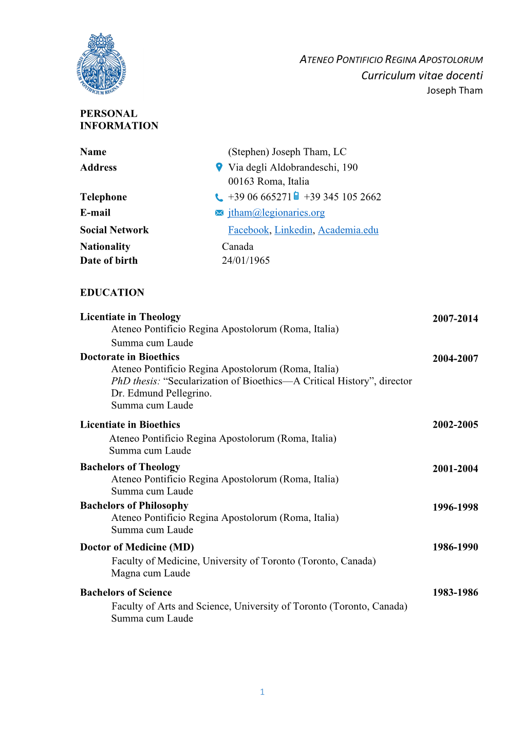 Curriculum Vitae Docenti Joseph Tham