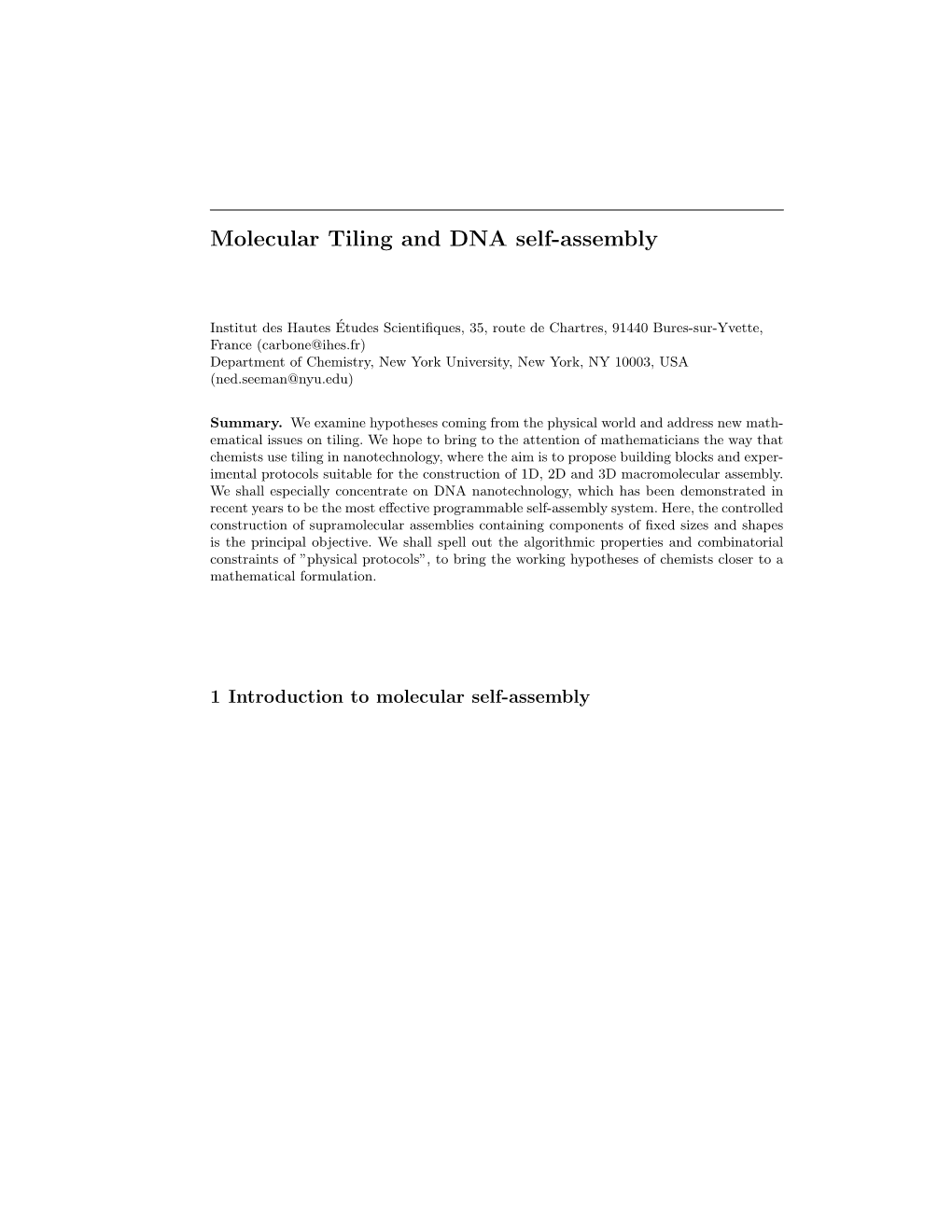 Molecular Tiling and DNA Self-Assembly