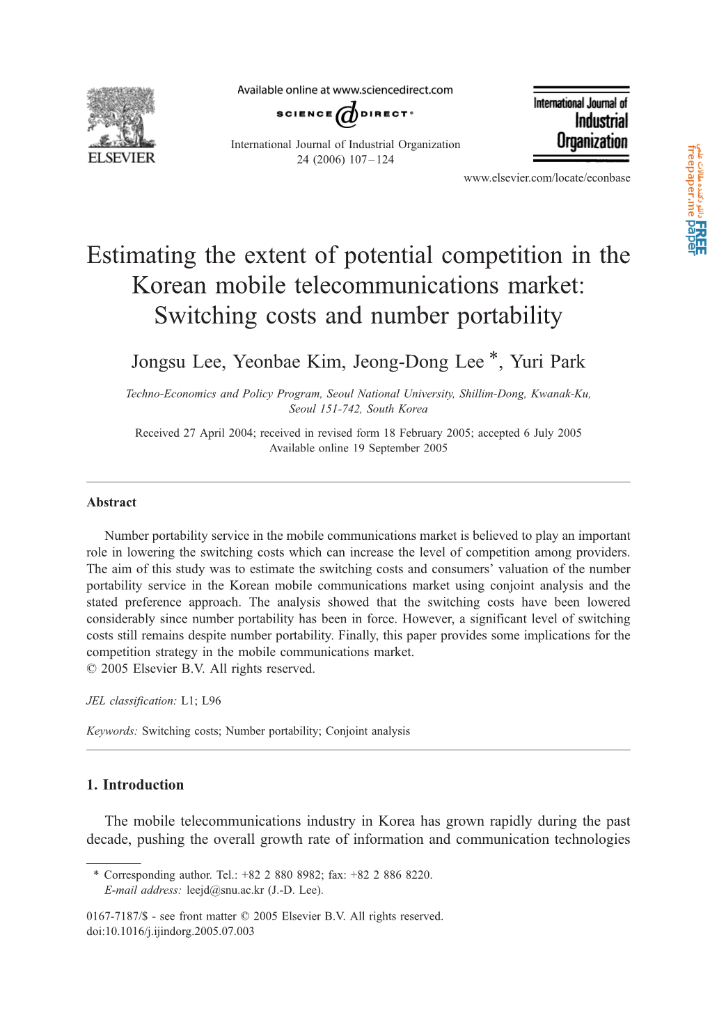 Estimating the Extent of Potential Competition in the Korean Mobile Telecommunications Market: Switching Costs and Number Portability