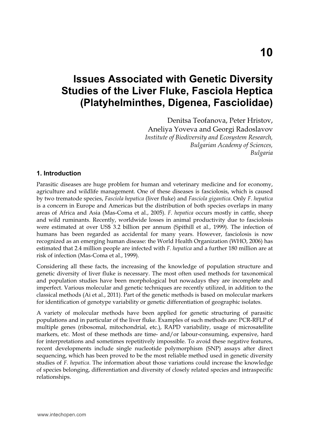 Issues Associated with Genetic Diversity Studies of the Liver Fluke, Fasciola Heptica (Platyhelminthes, Digenea, Fasciolidae)