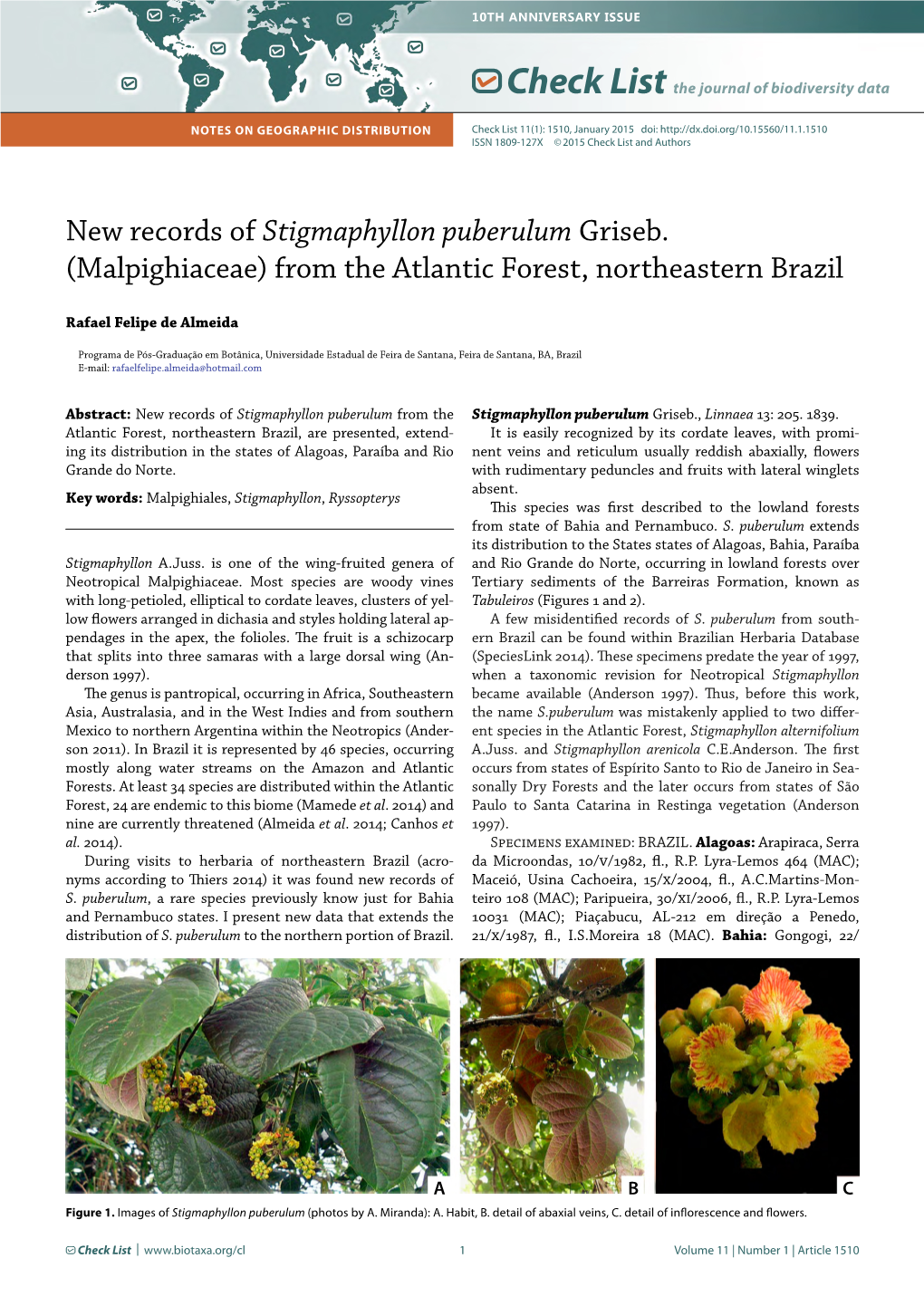 New Records of Stigmaphyllon Puberulum Griseb. (Malpighiaceae) from the Atlantic Forest, Northeastern Brazil