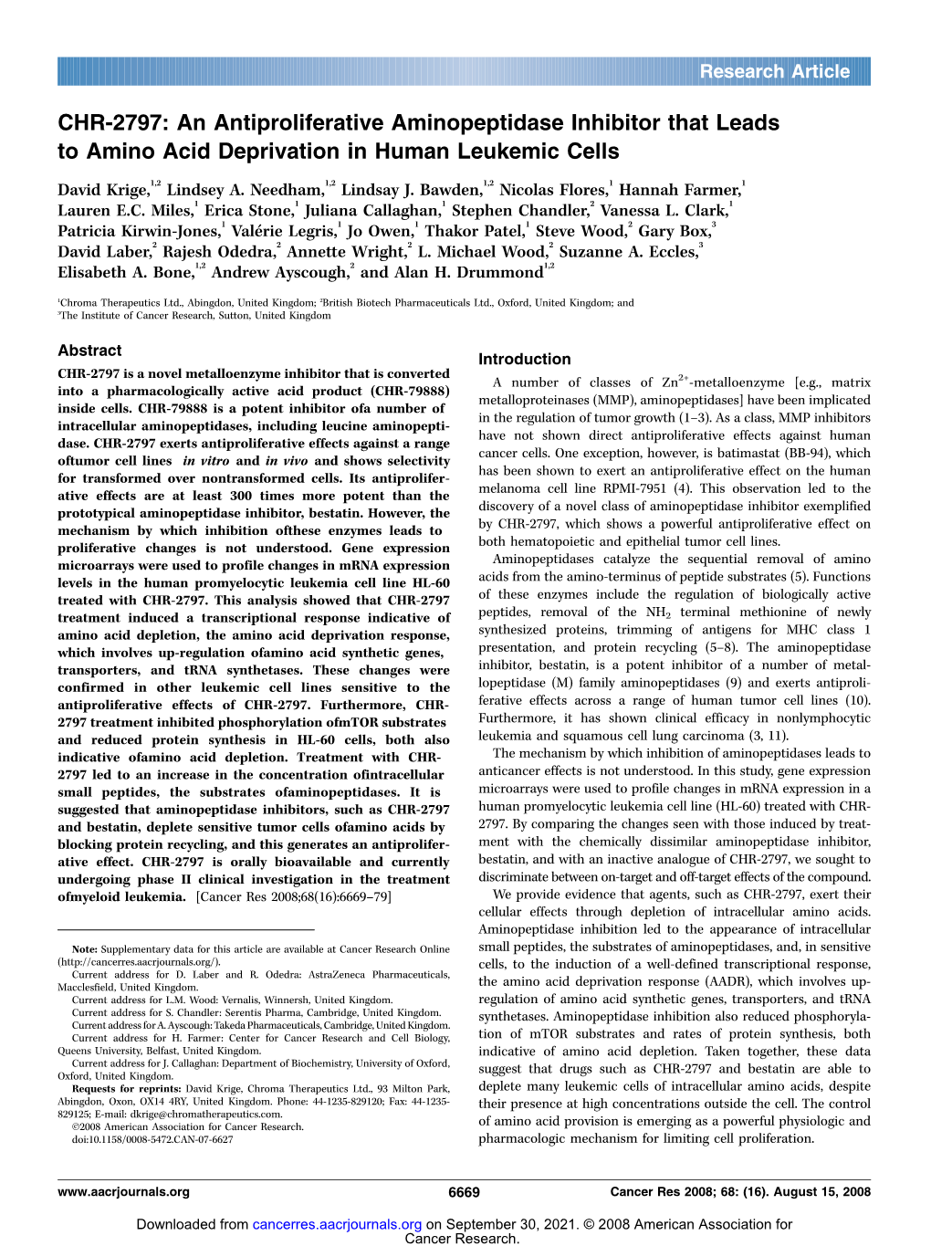 CHR-2797: an Antiproliferative Aminopeptidase Inhibitor That Leads to Amino Acid Deprivation in Human Leukemic Cells