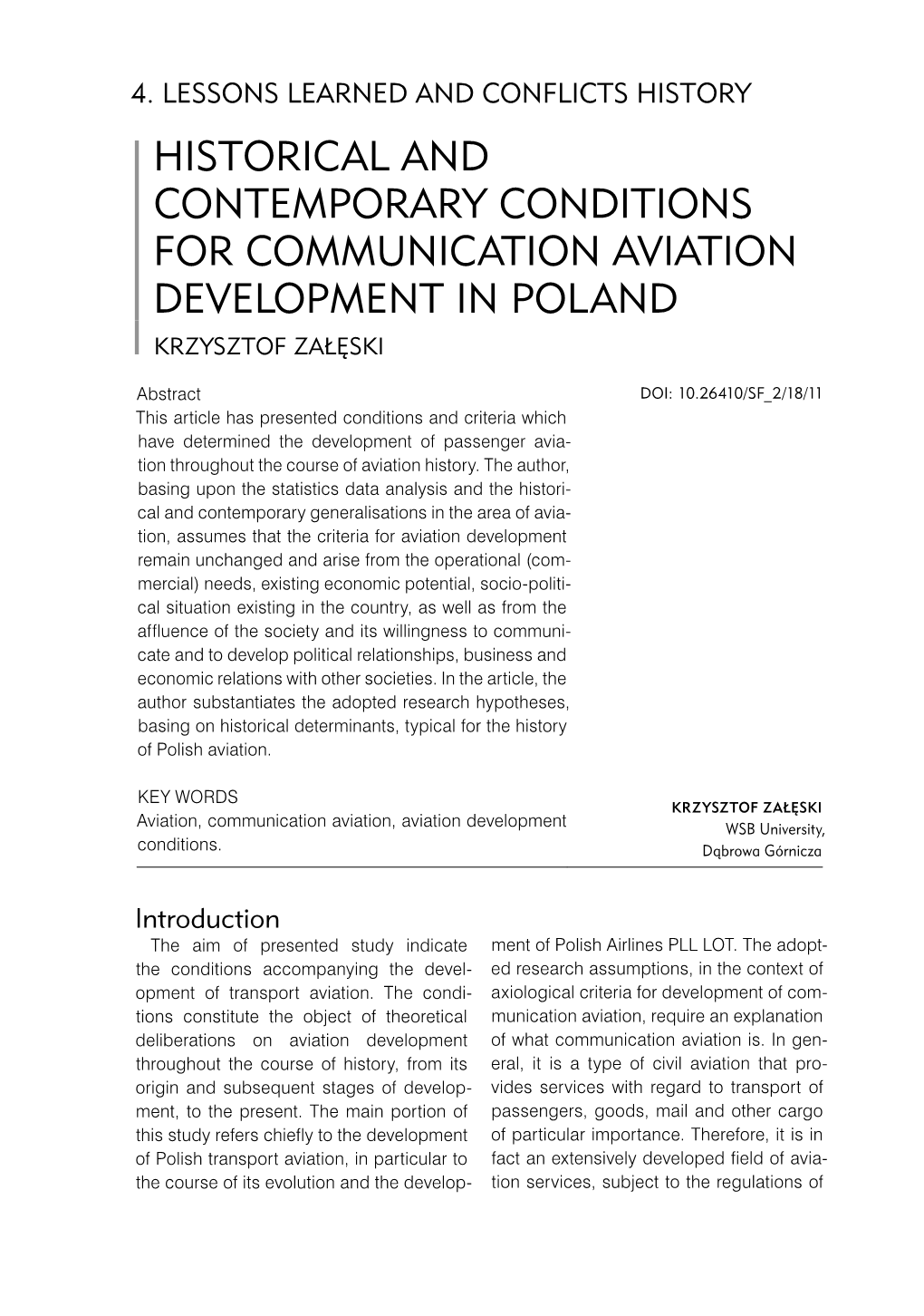 Historical and Contemporary Conditions for Communication Aviation Development in Poland Krzysztof Załęski