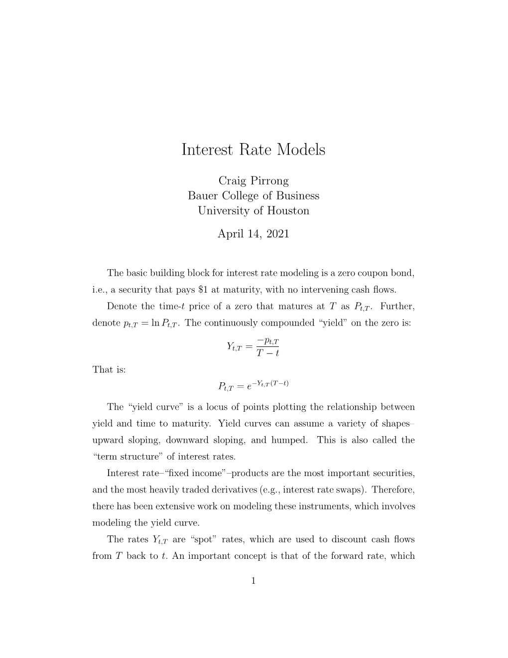 Interest Rate Models Notes