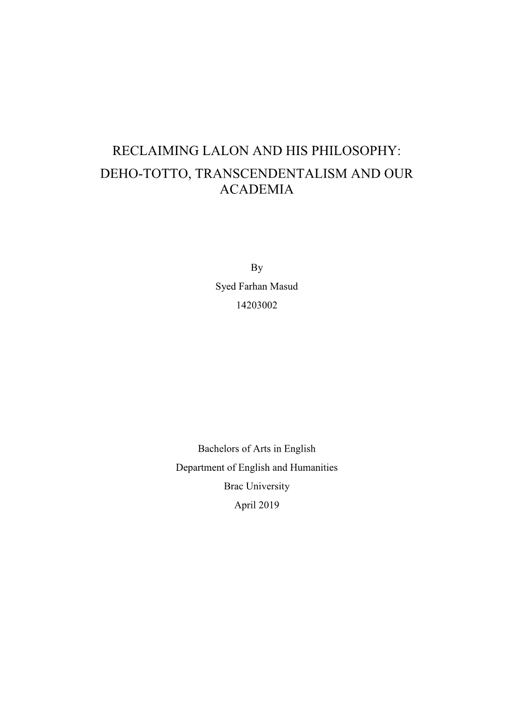 Reclaiming Lalon and His Philosophy: Deho-Totto, Transcendentalism and Our Academia