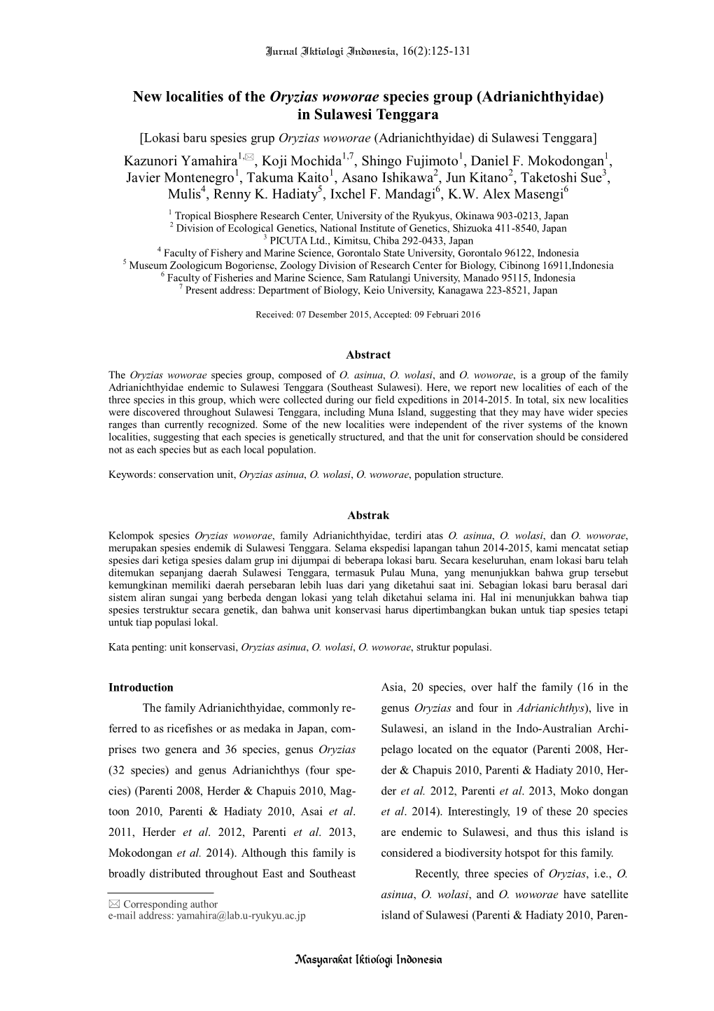 New Localities of the Oryzias Woworae Species Group (Adrianichthyidae) In